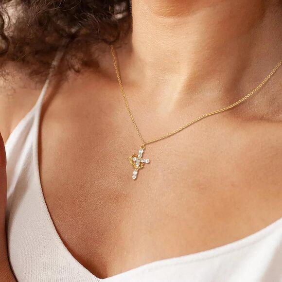 Cross Crown Necklace CZ 14K Gold Plated Trendy Cross Crown Pendant Birthday Gift - Picture 4 of 7